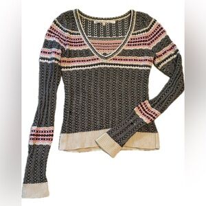 Striped V-Neck Sweater - Gray, Pink, Cream